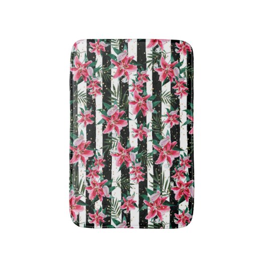 熱帯きらめくの花の白と黒のストライプ花 バスマット (正面縦)