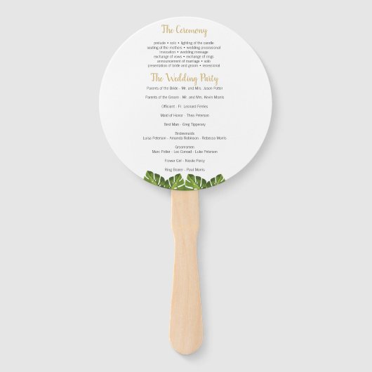 熱帯と金ゴールドのラウンドウェディングプログラムファン ハンドファン (裏面)