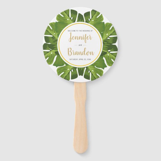熱帯と金ゴールドのラウンドウェディングプログラムファン ハンドファン (正面)