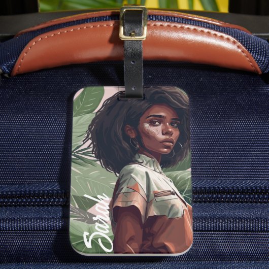 熱帯のを持つミニマルなアフロブラックガール葉 ラゲッジタグ (正面インサイチュ2)