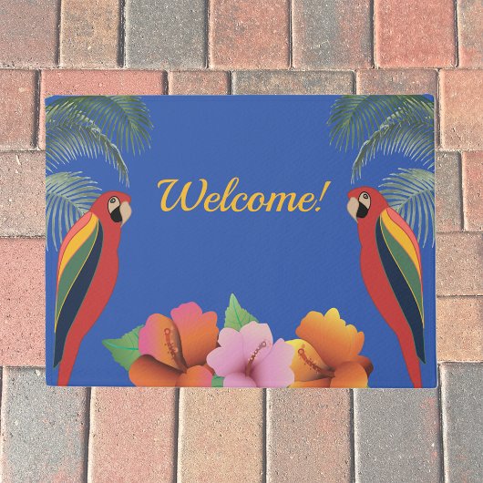 熱帯のオウムとハイビスカスの花へようこそ ドアマット
