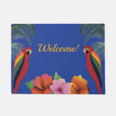 熱帯のオウムとハイビスカスの花へようこそ ドアマット (正面)