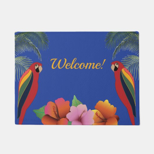 熱帯のオウムとハイビスカスの花へようこそ ドアマット (正面)