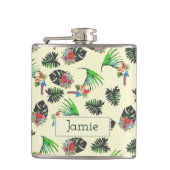 熱帯のオウムと葉の水彩パターン フラスク (正面)