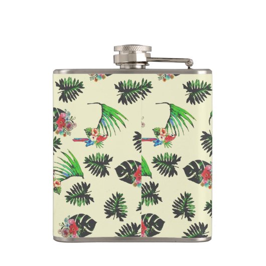 熱帯のオウムと葉の水彩パターン フラスク (裏面)