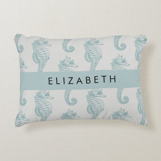 熱帯のシーホース、シーホースのパターン、あなたの名前 アクセントクッション (正面)