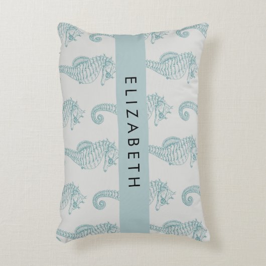熱帯のシーホース、シーホースのパターン、あなたの名前 アクセントクッション (正面(垂直))