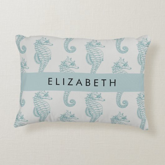 熱帯のシーホース、シーホースのパターン、あなたの名前 アクセントクッション (裏面)