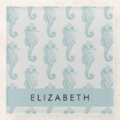 熱帯のシーホース、シーホースのパターン、あなたの名前 ガラスコースター (正面)