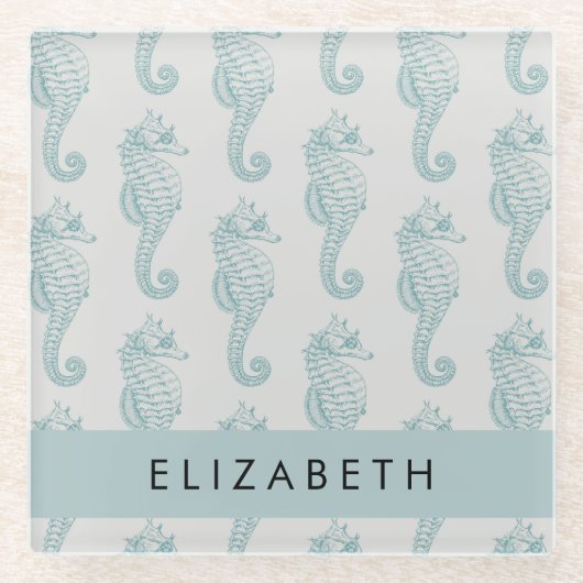 熱帯のシーホース、シーホースのパターン、あなたの名前 ガラスコースター (正面)