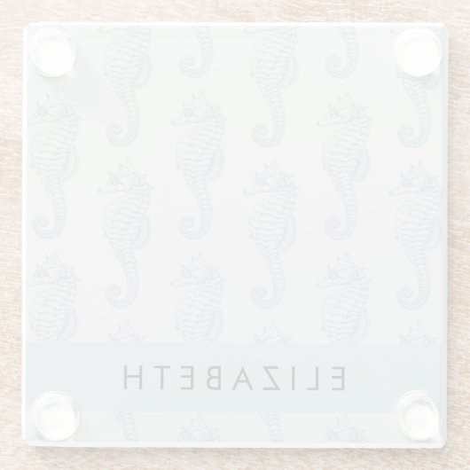 熱帯のシーホース、シーホースのパターン、あなたの名前 ガラスコースター (裏面)