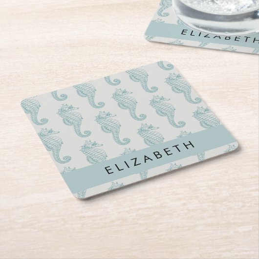 熱帯のシーホース、シーホースのパターン、あなたの名前 スクエアペーパーコースター (アングル)