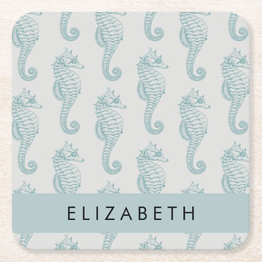 熱帯のシーホース、シーホースのパターン、あなたの名前 スクエアペーパーコースター (正面)