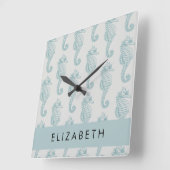 熱帯のシーホース、シーホースのパターン、あなたの名前 スクエア壁時計 (傾斜)