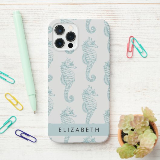 熱帯のシーホース、シーホースのパターン、あなたの名前 iPhoneケース (デスク上)