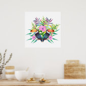 熱帯のタカンの鳥とピンクの花 ポスター (キッチン)