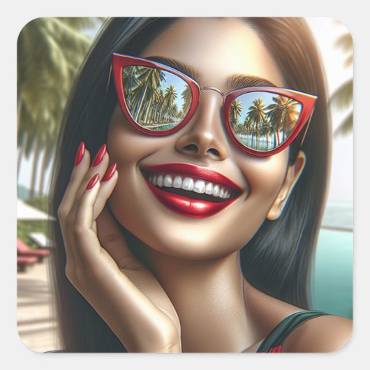 熱帯のパラダイスに住むハッピーレディ スクエアシール (正面)