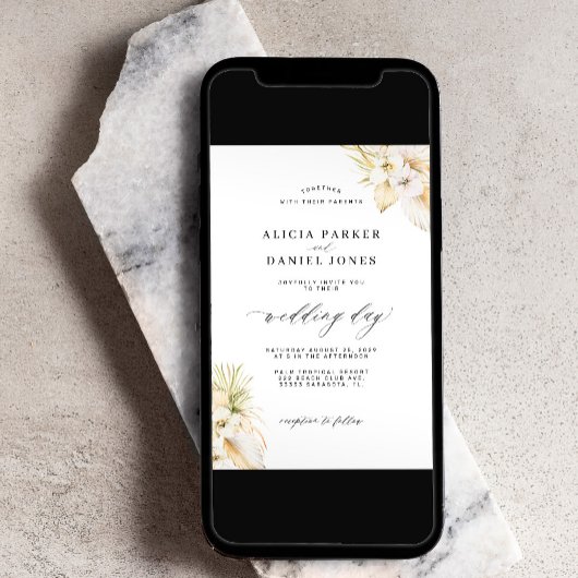 熱帯のパンパスグラス白い蘭のエレガントな結婚式 招待状