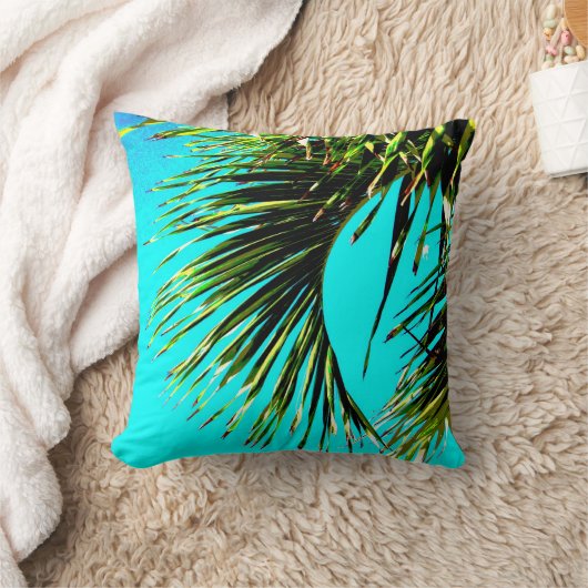 熱帯のパームはっきりしたと明るい緑とターコイズ クッション (ブランケット)