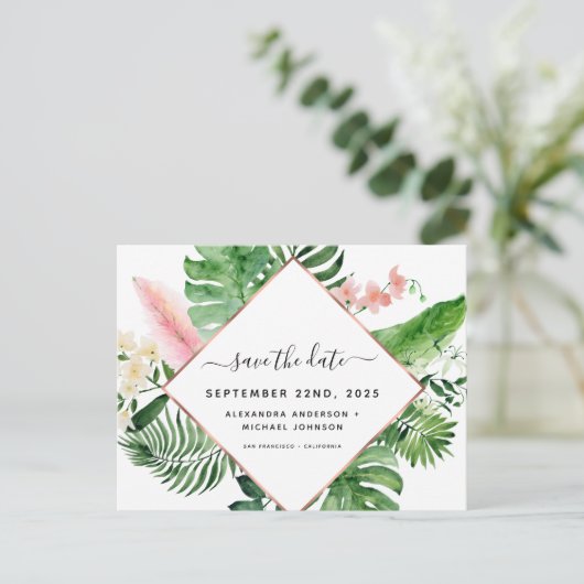 熱帯のパームウォーターの色の幾何学的な日付を保存 案内ポストカード (スタンド正面)