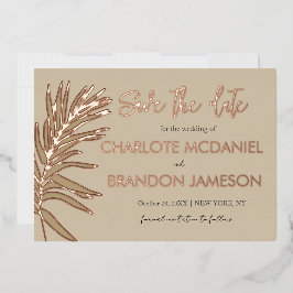 熱帯のパームリーフウェディング日付を保存 箔招待状