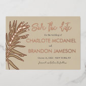 熱帯のパームリーフウェディング日付を保存 箔招待状 (正面)