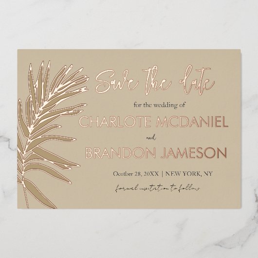 熱帯のパームリーフウェディング日付を保存 箔招待状 (正面)