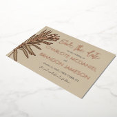 熱帯のパームリーフウェディング日付を保存 箔招待状 (回転した状態)