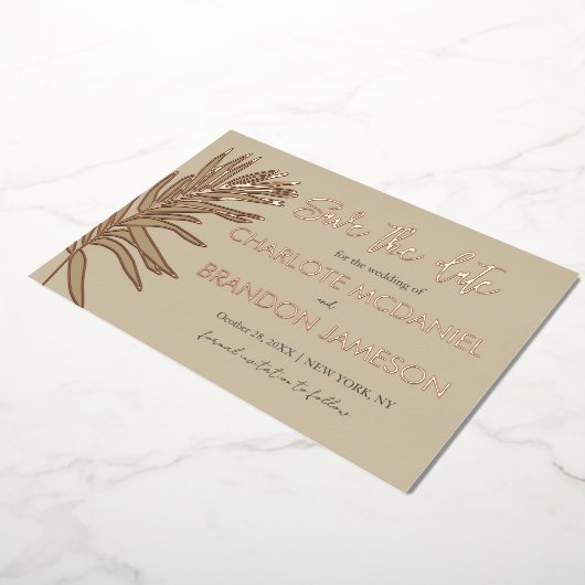 熱帯のパームリーフウェディング日付を保存 箔招待状 (回転した状態)