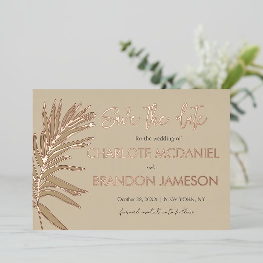 熱帯のパームリーフウェディング日付を保存 箔招待状 (立ち正面)