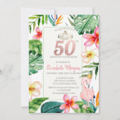 熱帯のパーム離れの花ピンクのフラミンゴ50th 招待状 (正面)