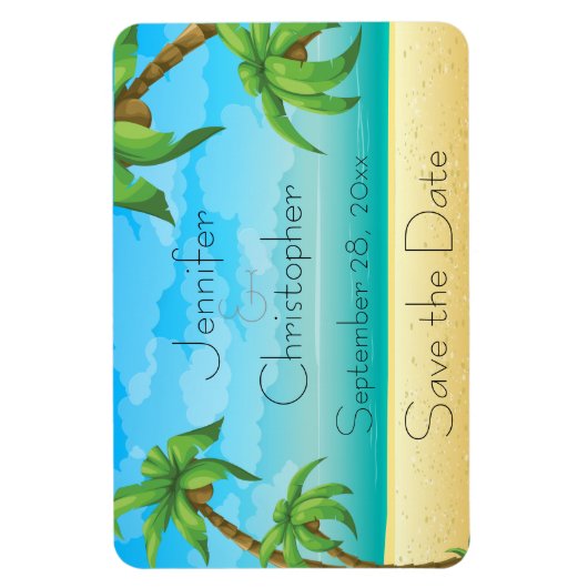 熱帯のビーチとヤシの木が日付を保存 マグネット (縦)