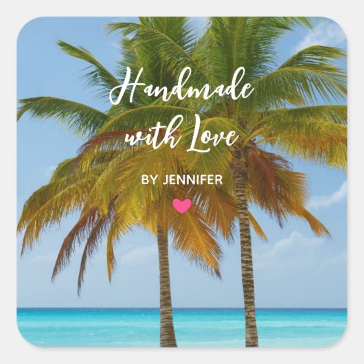 熱帯のビーチに愛のヤシの木で手作り スクエアシール (正面)