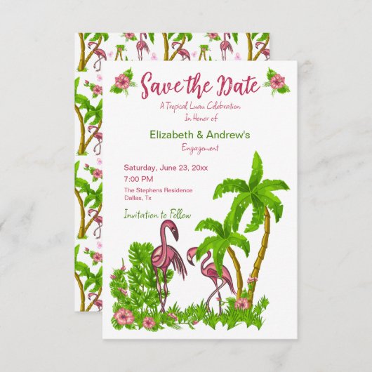 熱帯のフラミンゴと花の日付を保存Invite 招待状 (正面/裏面)