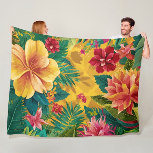 熱帯のフローラ、輝く花と青々とした葉 フリースブランケット (インサイチュ)