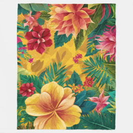 熱帯のフローラ、輝く花と青々とした葉 フリースブランケット