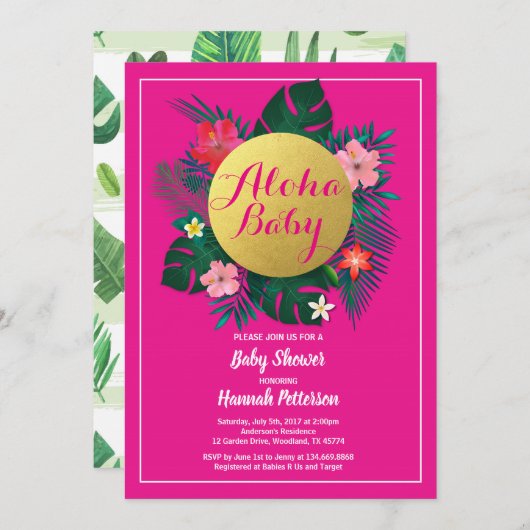熱帯のベビーガールシャワー招待熱ピンク 招待状 (正面/裏面)