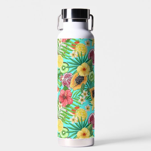 熱帯のミックスフルーツ、花や葉青の ウォーターボトル (正面)