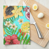 熱帯のミックスフルーツ、花や葉青の キッチンタオル (四つ折り)