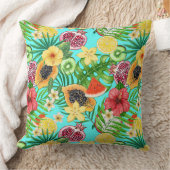 熱帯のミックスフルーツ、花や葉青の クッション (ブランケット)