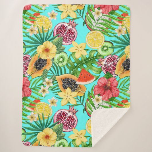 熱帯のミックスフルーツ、花や葉青の シェルパブランケット (正面)