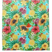 熱帯のミックスフルーツ、花や葉青の シャワーカーテン (正面)