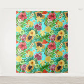 熱帯のミックスフルーツ、花や葉青の タペストリー (正面)