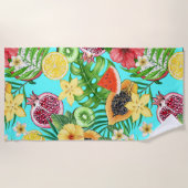 熱帯のミックスフルーツ、花や葉青の ビーチタオル (正面)