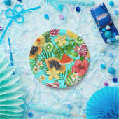 熱帯のミックスフルーツ、花や葉青の ペーパープレート (パーティー)