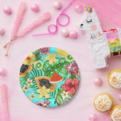 熱帯のミックスフルーツ、花や葉青の ペーパープレート (パーティー)