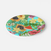 熱帯のミックスフルーツ、花や葉青の ペーパープレート (アングル)