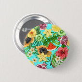 熱帯のミックスフルーツ、花や葉青の 缶バッジ (正面&裏面)