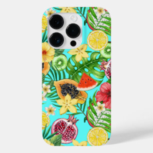 熱帯のミックスフルーツ、花や葉青の Case-Mate iPhone 14 PROケース
