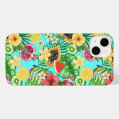 熱帯のミックスフルーツ、花や葉青の iPhoneケース (裏面横)